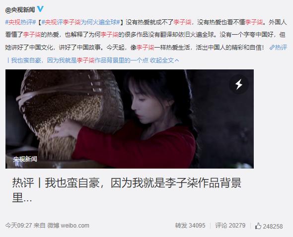 李子柒獲央視點贊 有人攻擊她還不是眼紅的緣故？